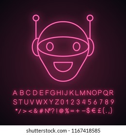 Chatbot neon light icon. Talkbot. Modern robot. Android laughing chat bot. Virtual assistant. Conversational agent. Glowing sign with alphabet, numbers and symbols. Vector isolated illustration