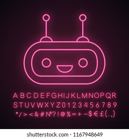 Chatbot neon light icon. Talkbot. Laughing chat bot. Modern robot. Virtual assistant. Conversational agent. Glowing sign with alphabet, numbers and symbols. Vector isolated illustration