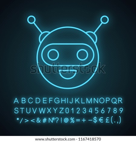 Chatbot neon light icon. Talkbot. Circle head laughing chat bot. Modern robot. Virtual assistant. Conversational agent. Glowing sign with alphabet, numbers and symbols. Vector isolated illustration
