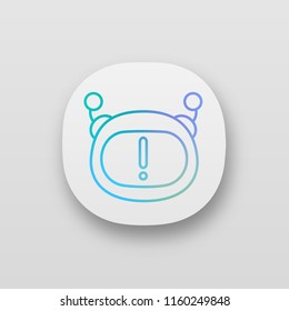 Chatbot notification app icon. Chat bot face with exclamation mark. Important message. Virtual assistant announcement. UI/UX user interface. Web or mobile application. Vector isolated illustration