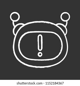 Chatbot notification chalk icon. Chat bot face with exclamation mark. Important message. Artificial conversational entity. Virtual assistant announcement. Isolated vector chalkboard illustration