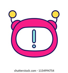 Chatbot notification color icon. Chat bot face with exclamation mark. Important message. Artificial conversational entity. Virtual assistant announcement. Isolated vector illustration