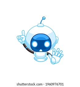 Chatbot notification, Important message. Artificial conversational entity. Robot with outstretched hand showing stop sign, preventing you. Virtual assistant announcement. Cartoon Vector illustration