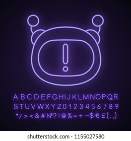 Chatbot notification neon light icon. Chat bot face with exclamation mark. Important message. Virtual assistant. Glowing sign with alphabet, numbers and symbols. Vector isolated illustration