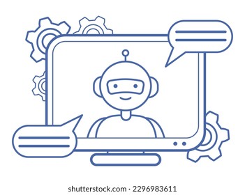 Chatbot on computer screen vector illustration. Thin linear icon of AI chat bubble robot for technology apps and websites on white background. Artificial intelligence, interface concept