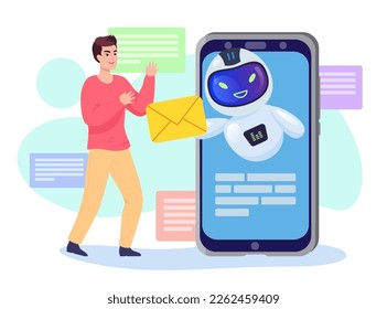 Chatbot on huge phone giving letter to happy man. Robotic assistant on smartphone screen giving e-mail or message to male character flat vector illustration. AI, technology, communication concept