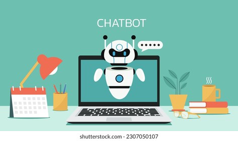 chatbot en pantalla portátil, asistente de robots de inteligencia artificial para soporte al cliente en línea, ilustración vectorial plana