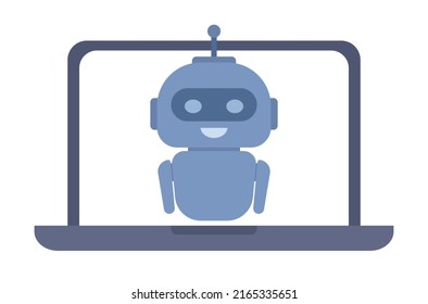 Icono de Chatbot en la pantalla del portátil. Asistente de robots de inteligencia artificial. Asistencia al cliente en línea. Ilustración plana del vector 
