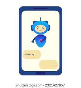 Chatbot auf dem Handy Bows und sagt froh zu versuchen. Frage zur Beantwortung von virtuellen Assistenten, künstliche Intelligenz. Intelligente Assistentin für mobile Anwendungen. Farbige Vektorgrafik einzeln auf einer Ebene