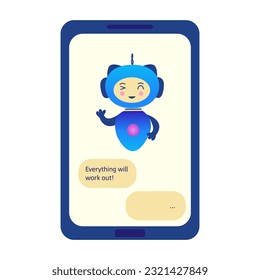 Chatbot on phone says everything will work out. Question answering virtual assistant, artificial intelligence. Smart assistant in mobile application. Colorful vector isolated illustration flat