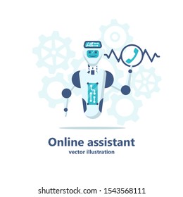 Chatbot online assistant. Robot call center receives call. Automatic web sait assistant. Bot talk on phone or chat. Vector illustration flat design. Isolated on white background. Technical assistance
