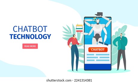 Chatbot online technology, vector illustration. Virtual mobile communication concept, artificial intelligence in smartphone, web page.
