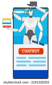 Chatbot online technology, vector illustration. Virtual mobile communication concept, artificial intelligence in smartphone, web page.
