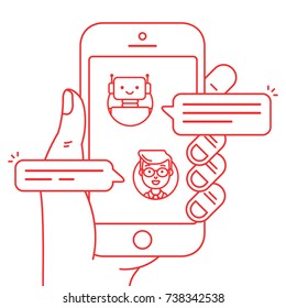 Chatbot outline icon concept. Man chatting with chat bot on smartphone. Hand holds mobile phone with messenger in which robot talk with user. Flat line vector illustration isolated on white