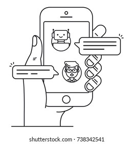 Chatbot outline icon concept. Man chatting with chat bot on smartphone. Hand holds mobile phone with messenger in which robot talk with user. Flat line vector illustration isolated on white