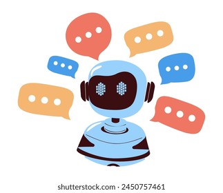 Chatbot outline icon features speech bubbles around of robot head, symbolizing automated communication, machine learning, ai artificial intelligence algorithm. Vector linear smart bot service symbol