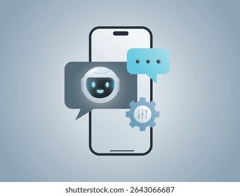 Chatbot no telefone. Os robôs de bate-papo do agente da IA são personalizados para suporte, vendas, marketing e negócios. Modelo de aprendizado de máquina personalizado, conceito de assistente pessoal.