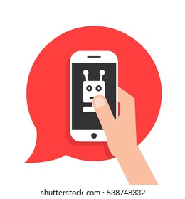 chatbot phone on red speech bubble. concept of send sms, irc script chatter box, posting email, user interface, information, assistant. flat style trend modern logo graphic design on white background