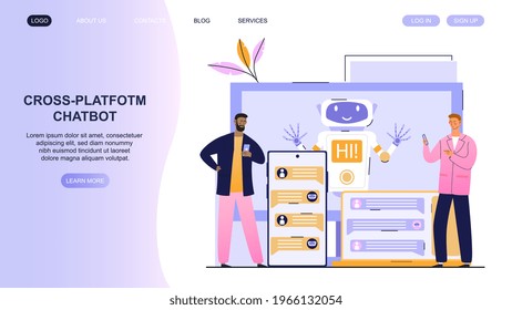 Plataforma de Chatbot. Asistente de robots de IA para correspondencia de usuario. Servicio de preguntas o respuestas simuladas. Discusión artificial de software. Diseño de concepto de ilustración vectorial de metáforas abstractas planas.