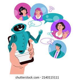 Programa de Chatbot con clientes que tienen diálogo con un asistente de robots en smartphones. Soporte de asistente de IA y concepto de preguntas frecuentes, ilustración vectorial de caricatura plana aislada en fondo blanco.