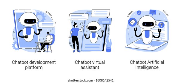 Chatbot programming abstract concept vector illustration set. Chatbot development platform, virtual assistant and Artificial Intelligence, wireframe, machine learning service abstract metaphor.