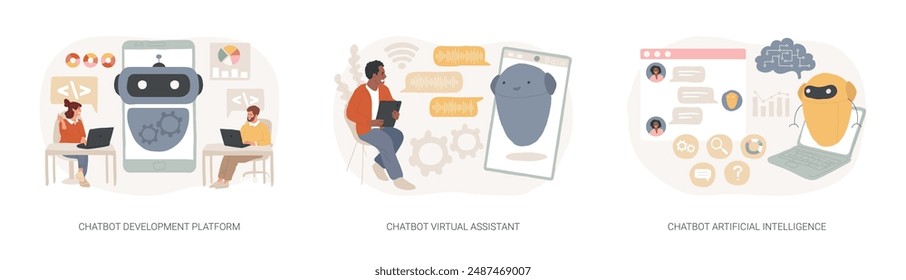 Chatbot-Programmierung isoliert Konzept Vektorillustration Set. Chatbot-Entwicklungsplattform, Virtual Assistant und Artificial Intelligence, Wireframe, Machine Learning Service Vektorgrafik Konzept.