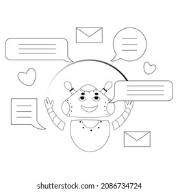 Chatbot received a lot of messages. Robot assistant for communicating with client. Chat bot character. Bot for sorting emails. Vector illustration