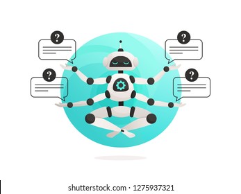 Chatbot responds to customers questions. Robot holding speech bubbles and meditate. Customer service robot. Vector illustration of artificial intelligence.