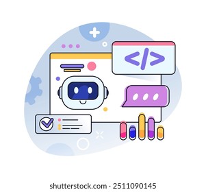 Chatbot ou robô com inteligência artificial e capacidade de aprender e desenvolver. O setor dos vetores necessita de serviços, de inovações e de progressos tecnológicos. Processo de engenharia de IA avançada