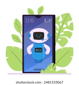 Chatbot robot assistant with microphone and headphones on smartphone screen greetings vector flat illustration. Cartoon call center Artificial intelligence machine. Robot technology support service