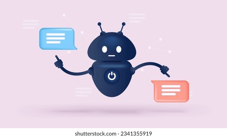 Chatbot robot character- Vector illustration of black bot pointing at speech bubbles and taking