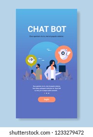 chatbot robot chat bubble communication speech people using gadgets online support artificial intelligence assistance flat vertical copy space vector illustration