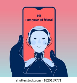 Chatbot robot chatting vector illustration. Isolated detailed illustration of AI friend application. Emotional and psycologic help and support.