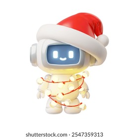 Chatbot robot in Christmas decorations 3D plastic style vector icon. Cartoon cute AI assistant machine with Christmas hat and garland. Support service, artificial intelligence New Year holiday