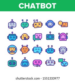 Chatbot Robot Collection Elements Icons Set Vector Thin Line. Artificial Intelligence Chatbot. Communication Message Technology Concept Linear Pictograms. Color Contour Illustrations