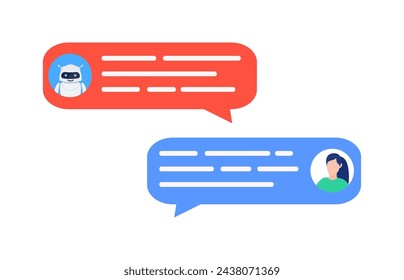 Concepto de robot de charla. Servicio de ayuda de Dialogue. Mensajes de voz de usuario y bot. WoMan chateando con un lindo robot sonriente. Diálogo con bot. Ilustración vectorial en estilo plano