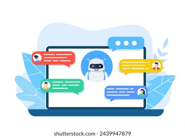 Concepto de robot de charla. Servicio de ayuda de Dialogue. Mensajes de voz de usuario y bot. personas charlando con un robot sonriente. Diálogo con bot. Ilustración vectorial en estilo plano