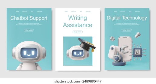 Chatbot robot, digital technology support service, writing assistance 3D vector landing page template set. Render Artificial intelligence machine, smartphone. Distance education