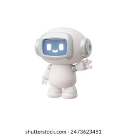 Chatbot robot greetings realistic 3D vector illustration. Render cute Artificial intelligence machine online education, customer support service robots technology. AI in life, science and business