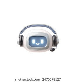 Chatbot robot head with microphone and headphones realistic 3D vector illustration. Render Artificial intelligence machine answer questions and provide smart solution to user, support service