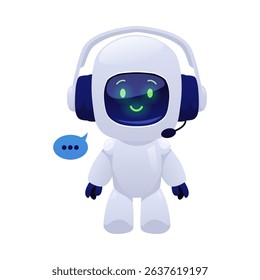 Chatbot robot with headphones and microphone smiling and speaking vector flat illustration. Cute Artificial intelligence machine online education. Customer support service robotic technology