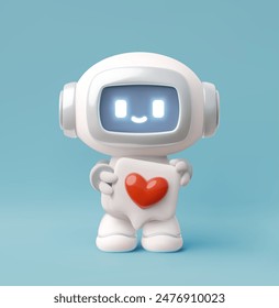 Chatbot robot with hearth in speech bubble realistic 3D vector illustration. Render cute Artificial intelligence machine, online customer support service, appreciation robot technology