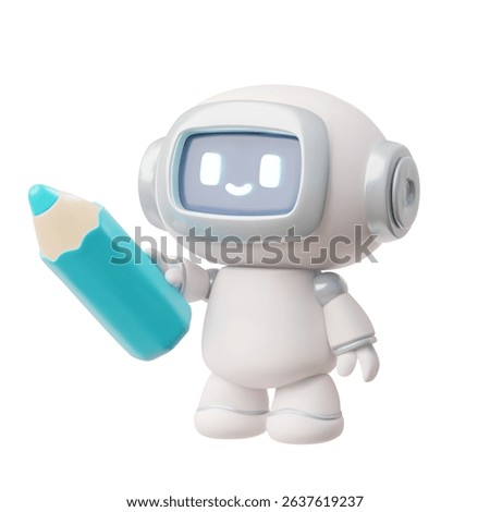 Chatbot robot holding blue pencil realistic 3D vector illustration. Cute Artificial intelligence machine online education. Customer support service robotic technology. AI in art and drawing