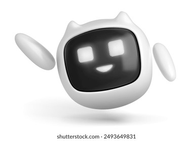 Chatbot robot isolated on white background. Vector realistic illustration of 3d ai bot character waving hand, smiling led face on display, support service assistant, cute computer technology mascot