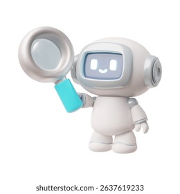 Chatbot robot with magnifying glass realistic 3D vector illustration. Cute Artificial intelligence machine online scientific education. Customer support service robotic technology in science
