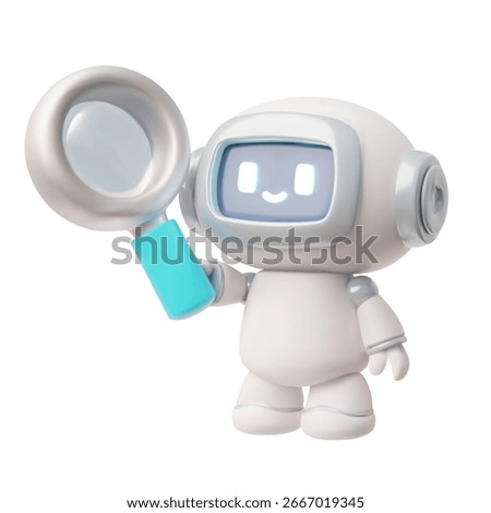 Chatbot robot with magnifying glass realistic 3D vector illustration. Cute Artificial intelligence machine online scientific education. Computer support service robotic technology in science