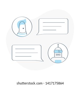 Chatbot robot, man chatting with chat bot, dialog help service concept. Customer service, support, online help, social media management. Flat outline clean doodle design style, vector illustration.