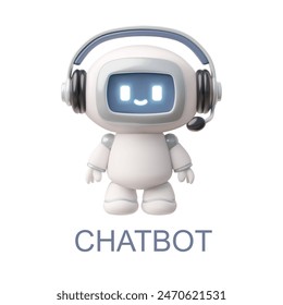 Chatbot robot with microphone and headphones realistic 3D vector poster. Render Artificial intelligence machine answer questions and provide smart solution to user. Robot technology support service