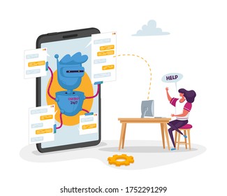 Robot de chat en un enorme teléfono móvil listo para ayudar al personaje del cliente con una laptop. Soporte Ai Faq, Consulta En Línea. Innovación Futura, Tecnología de Inteligencia Artificial. Ilustración del vector de dibujos animados