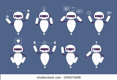 Chatbot robot. Online mascot cute character walking standing talking funny poses vector chatbot